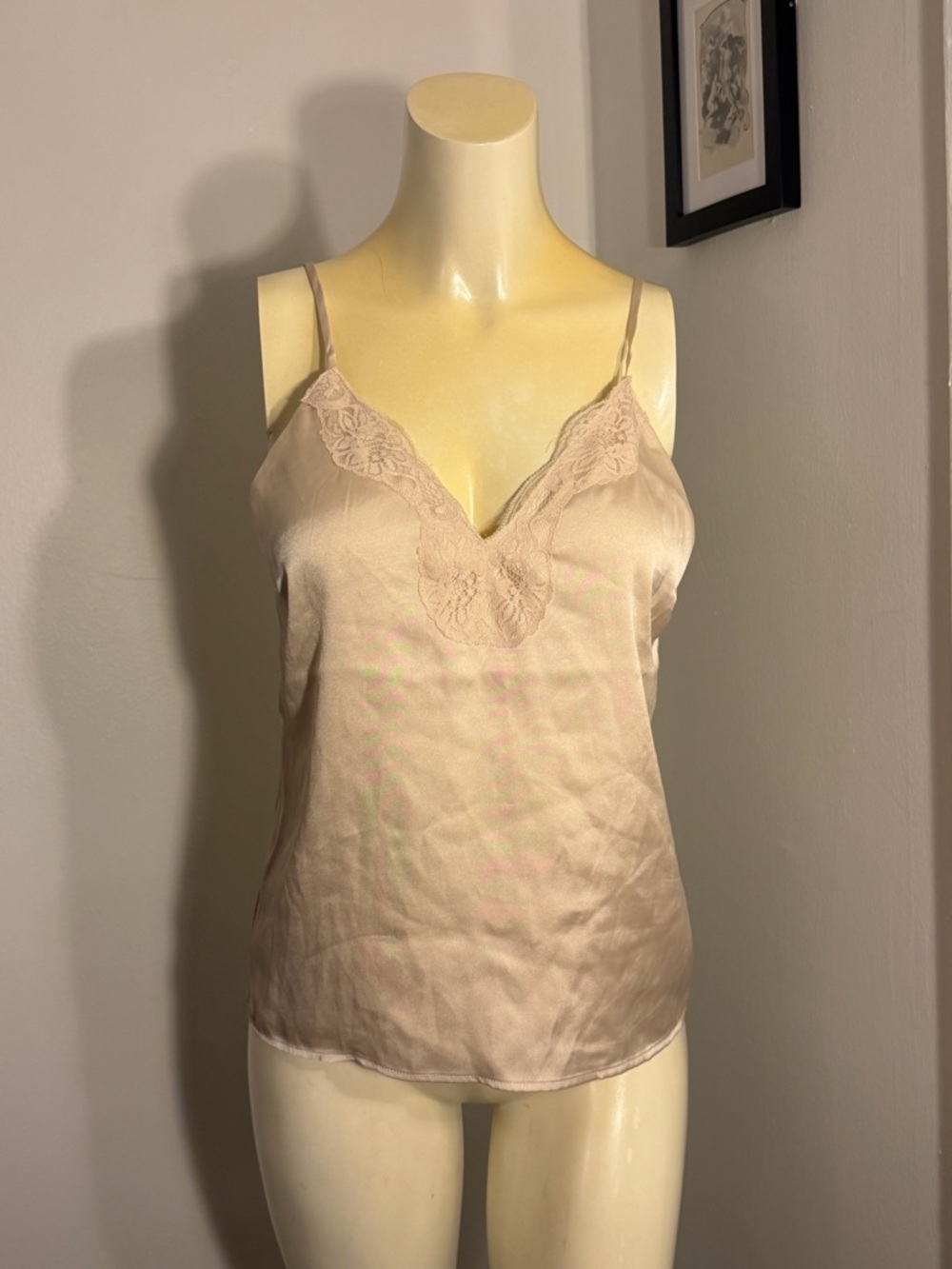 Express Size Small Beige Satin Camisole Tank Top Lace Trim Adjustable Straps